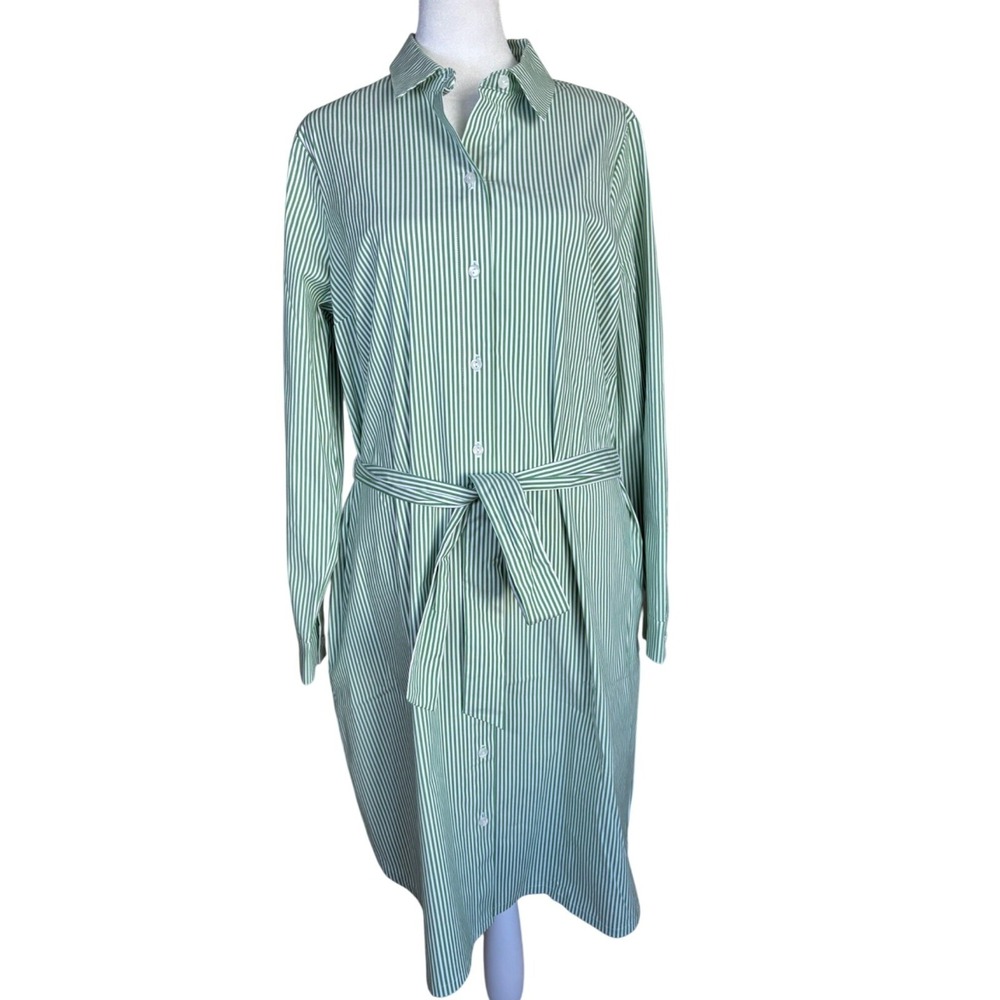 J Jill Wearever Collection Green & White‎ Striped Button-Up Shirt Dress Belt NWT